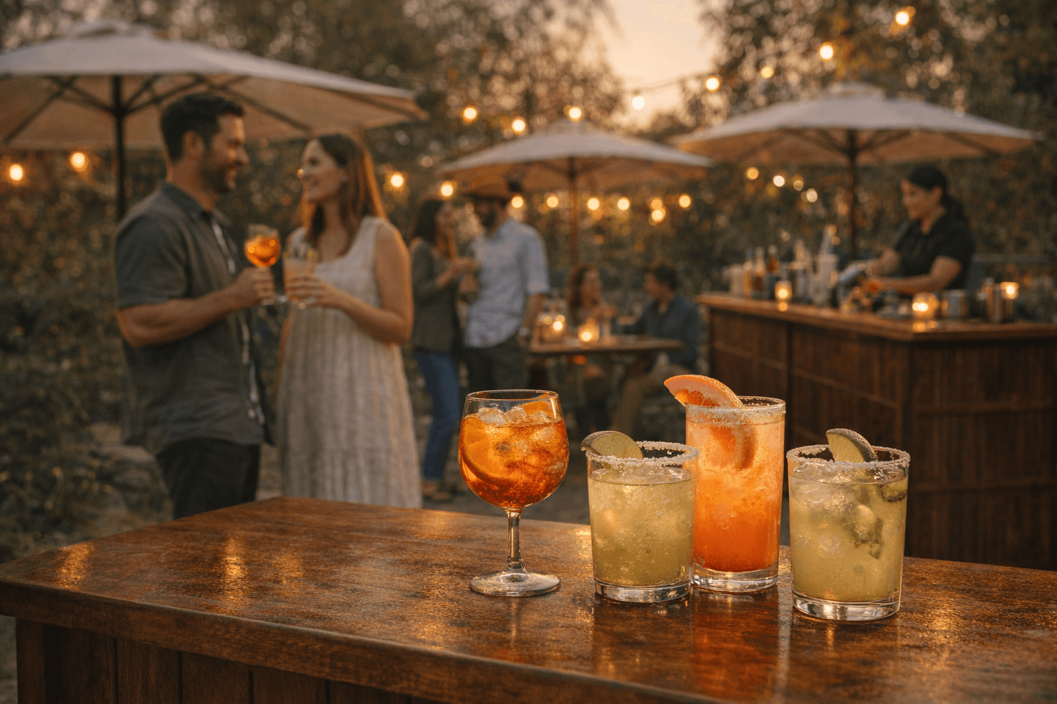Craft cocktails in front of a warm private party scene.
