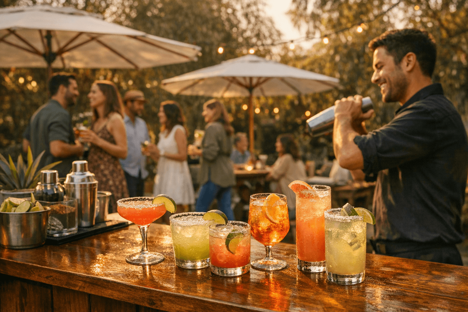 Cocktails and guests gathered around a mobile bar at sunset.